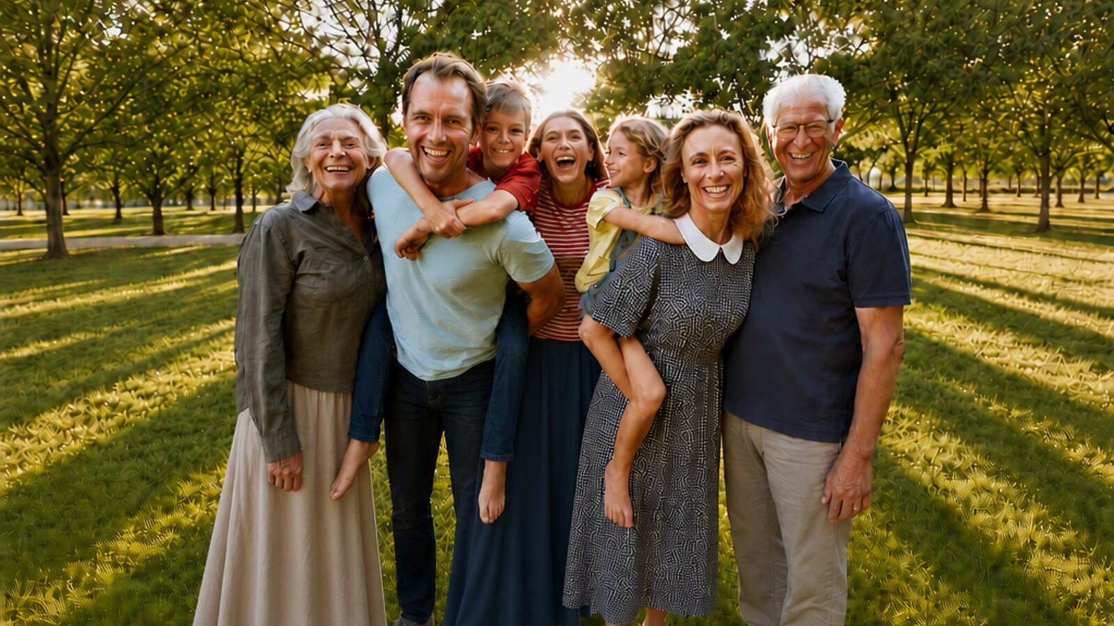 Une famille de plusieurs générations réunie et souriante, au coucher du soleil